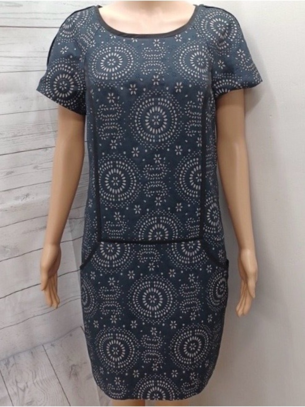 Navy Mini Dress with White Medallion Print
